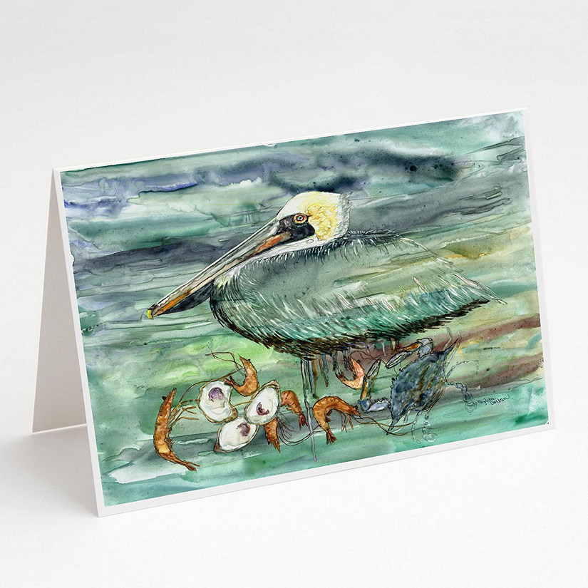 Caroline's Treasures Watery Pelican, Shrimp, Crab and Oysters Greeting Cards and Envelopes Pack of 8, 7 x 5, Birds Image