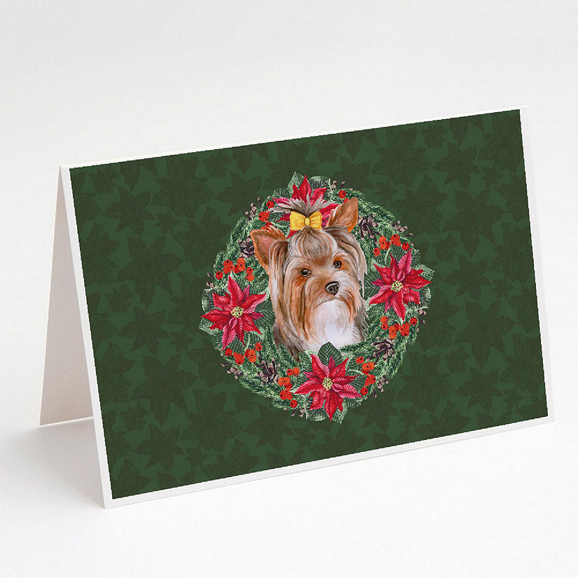 Caroline's Treasures Yorkshire Terrier #2 Poinsetta Wreath Greeting Cards and Envelopes Pack of 8, 7 x 5, Dogs Image