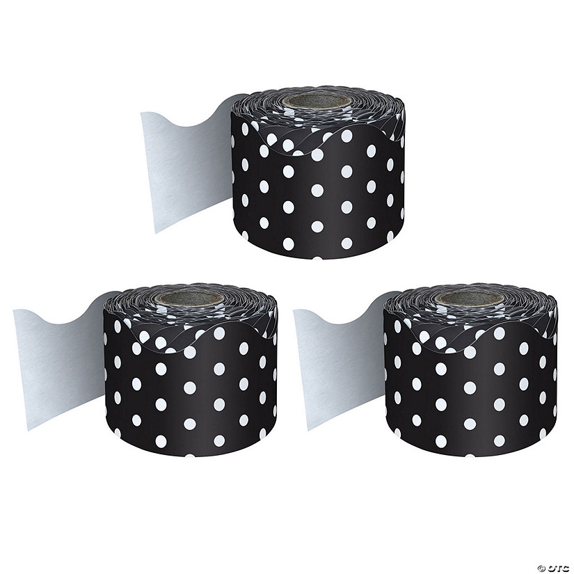 Carson Dellosa Education Black with White Polka Dots Rolled Scalloped Border, 65 Feet Per Roll, Pack of 3 Image