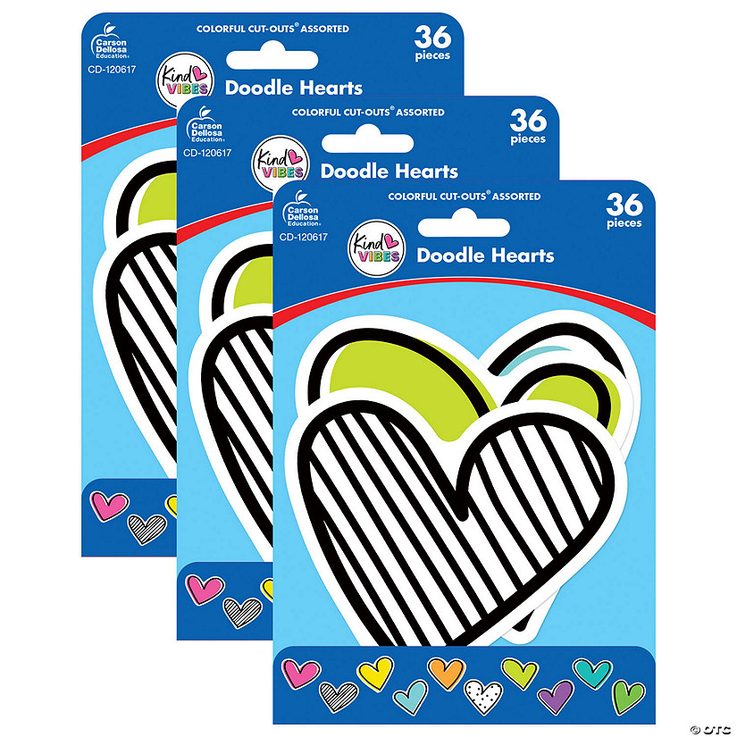 Carson Dellosa Education Kind Vibes Doodle Hearts Cut-Outs, 36 Per Pack, 3 Packs Image