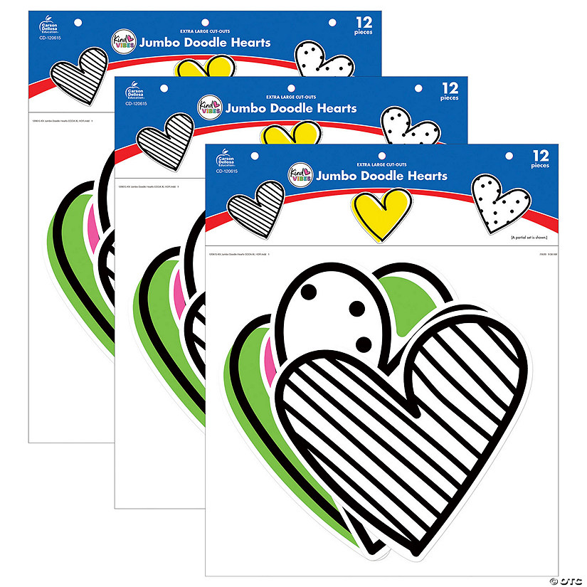 Carson Dellosa Education Kind Vibes Jumbo Doodle Hearts Cut-Outs, 12 Per Pack, 3 Packs Image