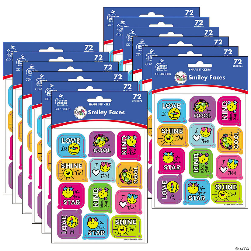 Carson Dellosa Education Kind Vibes Smiley Faces Shape Stickers, 72 Per Pack, 12 Packs Image
