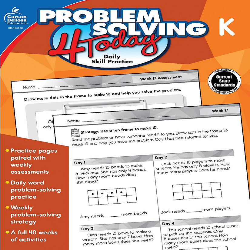 Carson Dellosa - Problem Solving 4 Today: Daily Skill Practice, Math Problem-Solving Activities for Kindergarten, 96 Pages, Paperback, Ages 5-6, Answer Key Image