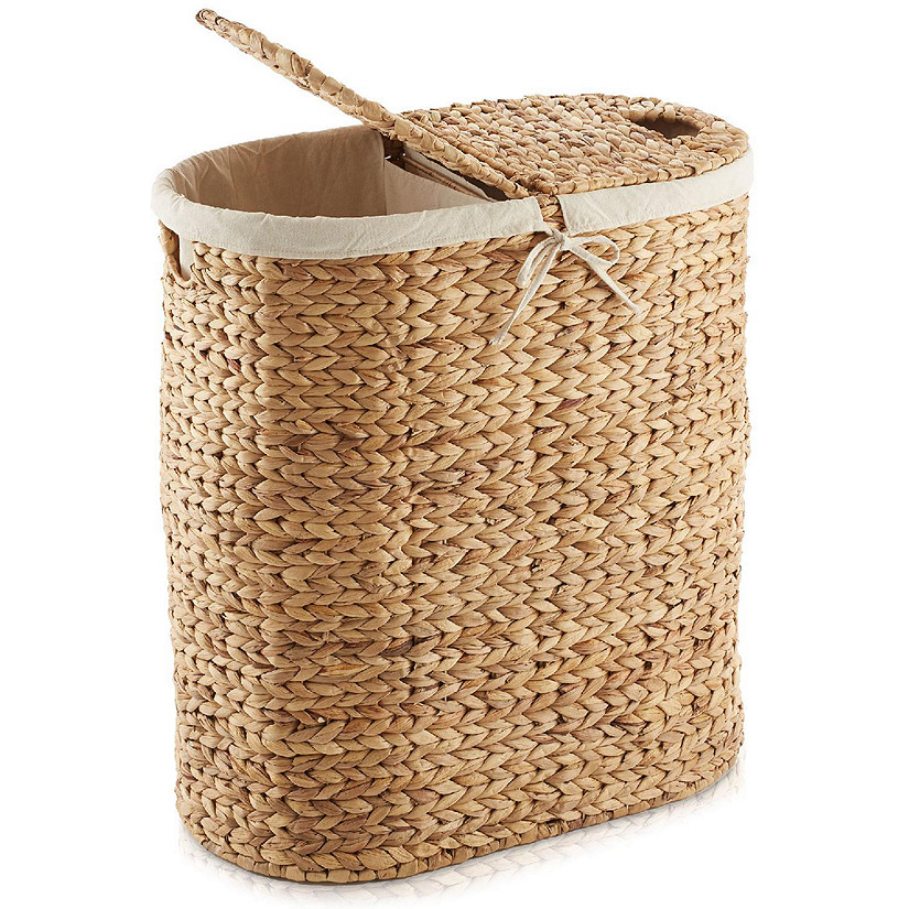 Casafield 2-Section Oval Laundry Hamper Basket w Lids &amp; Removable Liners, Natural Wicker Image