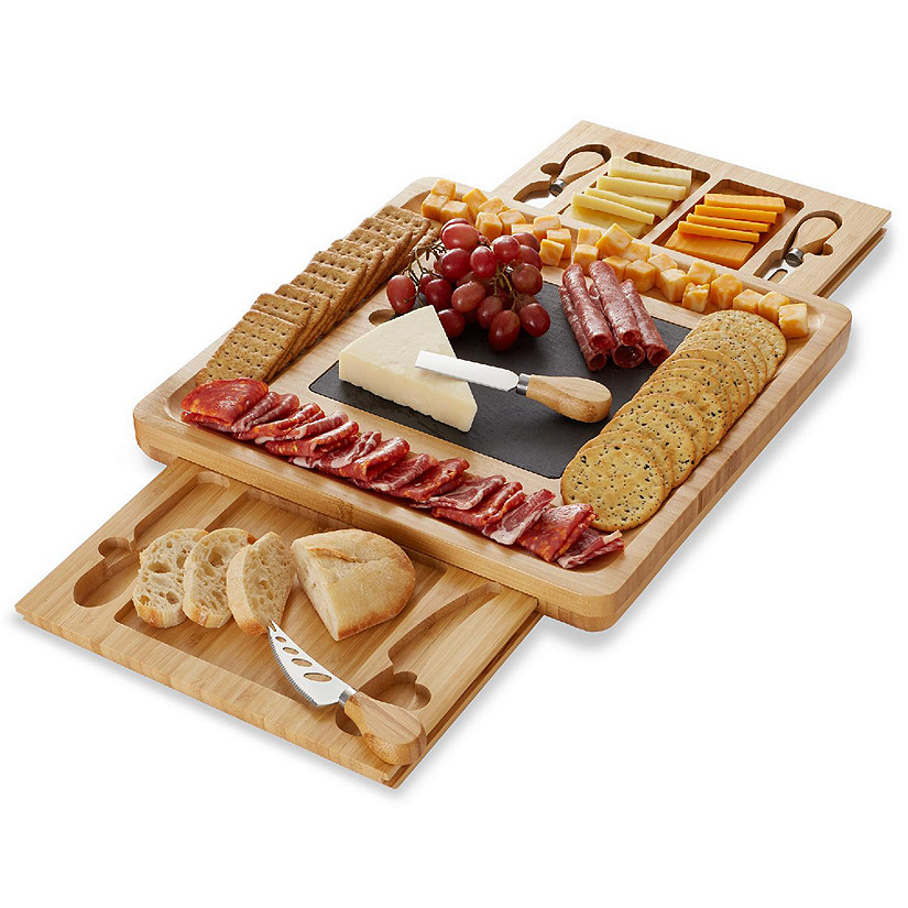 Casafield Bamboo Charcuterie Cheese Board Gift Set, Slate Center, Stainless Steel Knives Image