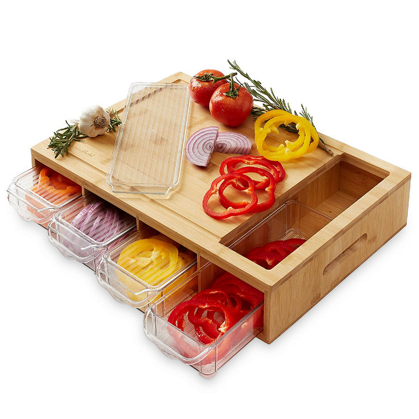 Casafield Bamboo Cutting Board Set with Juice Groove & Food Storage Container Trays, Lids Image