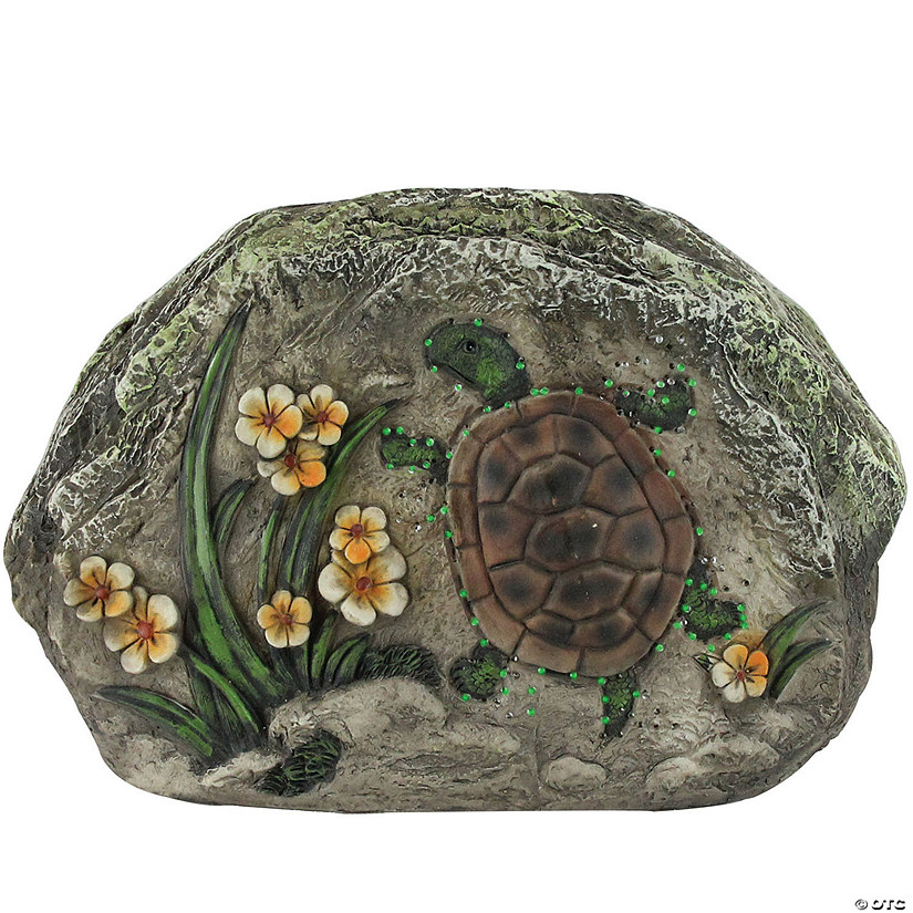 CC Outdoor Living 9.75" Brown and Green LED Lighted Solar Power Turtle and Flowers Garden Stone Image