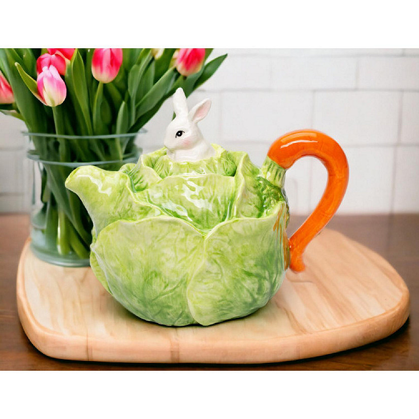 Ceramic Easter Bunny Rabbit on Cabbage Teapot, Spring Decor, Tea Lover