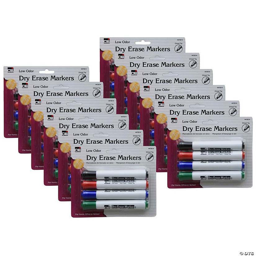 Charles Leonard Barrel Style Dry Erase Markers, Assorted Colors, Chisel Tip, 4 Per Pack, 12 Packs Image