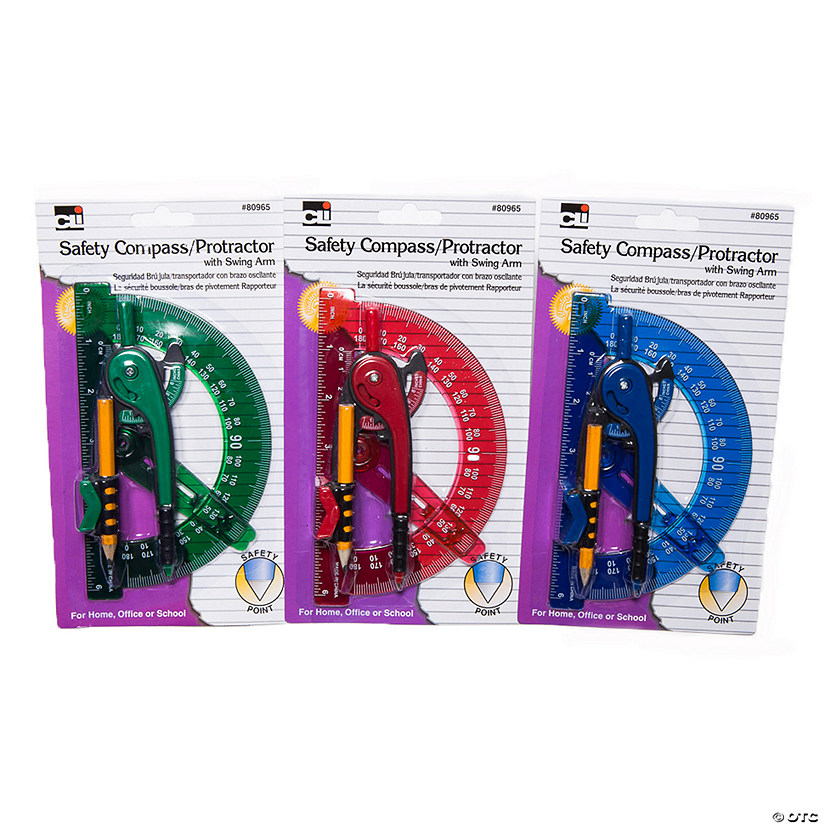 Charles Leonard Compass Safety and 6" Swing Arm Protractor, Assorted Colors, Pack of 12 Image