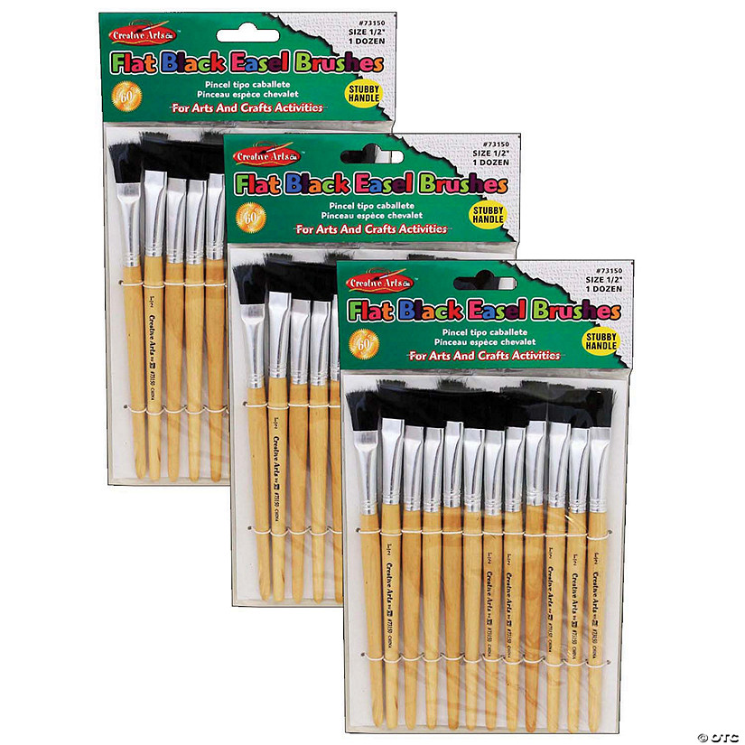 Charles Leonard Flat Tip Easel Paint Brushes, Short Stubby Handle, 0.50 Inch, Natural Handles, Black Bristles, 12 Per Pack, 3 Packs Image