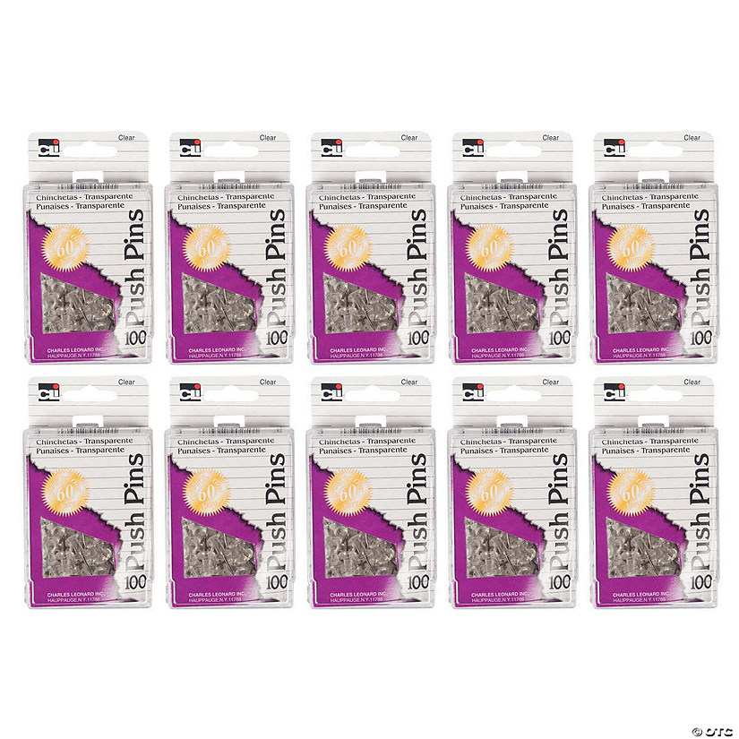 Charles Leonard Push Pins, Clear, 100 Per Box, 10 Boxes Image