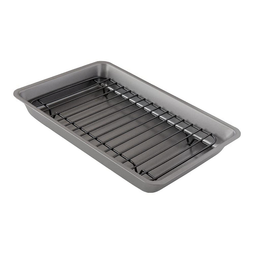 Chef Pomodoro, Grey, 11 x 7.7-Inch, Nonstick Carbon Steel Small Roasting Pan Roaster with Flat Rack, Petite Mini Image