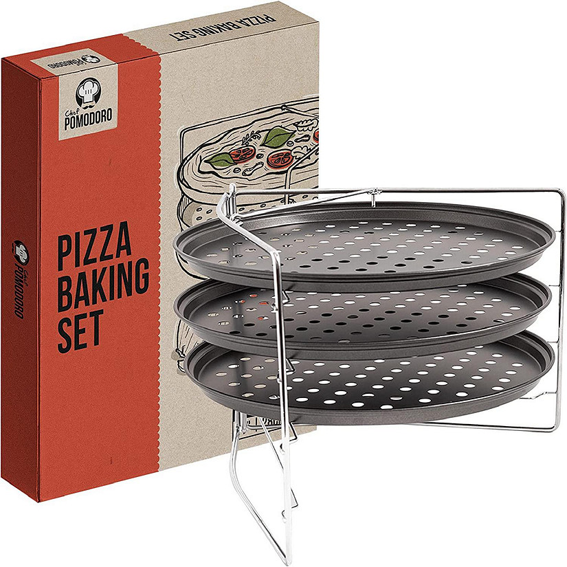 Chef Pomodoro Pizza Baking Set with 3 Pizza Pans and Pizza Rack, Non-Stick Perforated Pizza Trays, for Oven Image