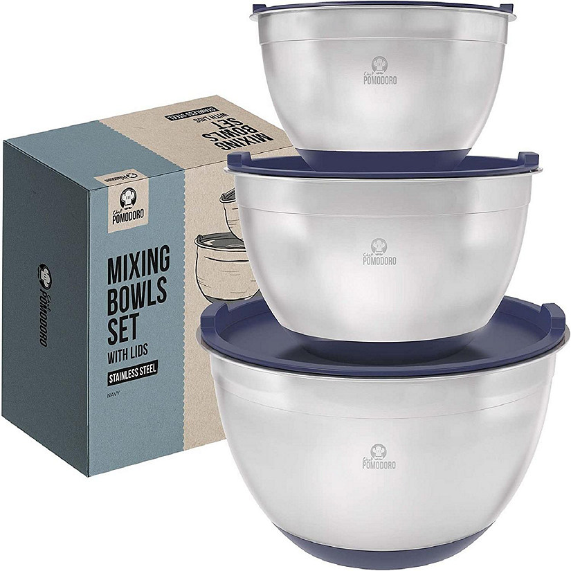 Chef Pomodoro Stainless Steel Mixing Bowls with Lids, 3 Piece Set (1.5Qt, 3Qt, 5Qt) Navy Image