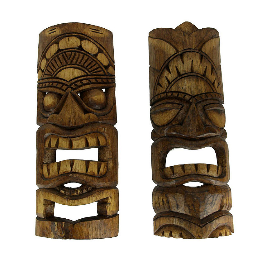 Chesapeake Bay Hand Carved Natural Stained Wood Polynesian Style Tiki Masks 20 inch Set of 2 Tropical D&#233;cor Image