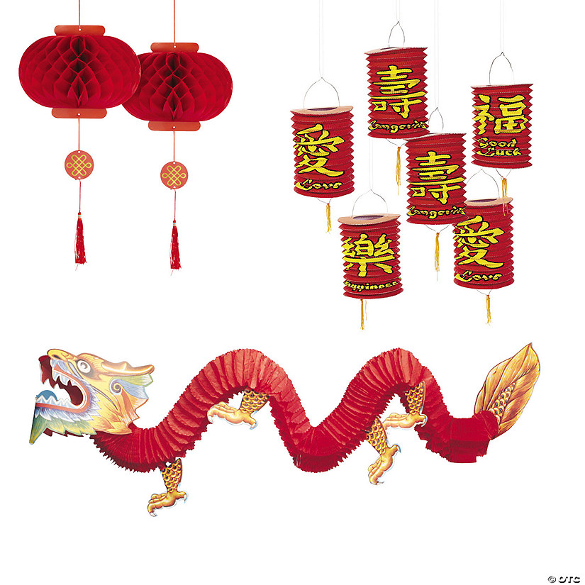 Chinese New Year Dragon & Paper Lantern Decorating Kit - 18 Pc. Image