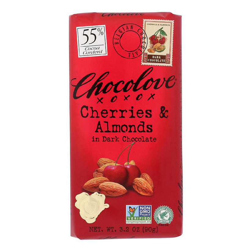 Chocolove Xoxox Premium Chocolate Bar Dark Chocolate Cherries and Almonds 3.2 oz Bars Pack of 12 Image