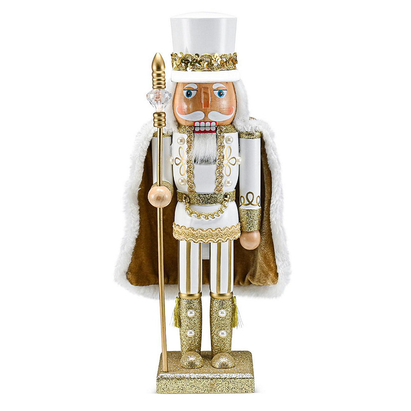 Christmas Gold King Nutcracker  Gold and White Glittered Wooden Nutcracker Man with Gold and White Fur Cape and Staff in Hand Xmas Themed Holiday Nut Cracker Image