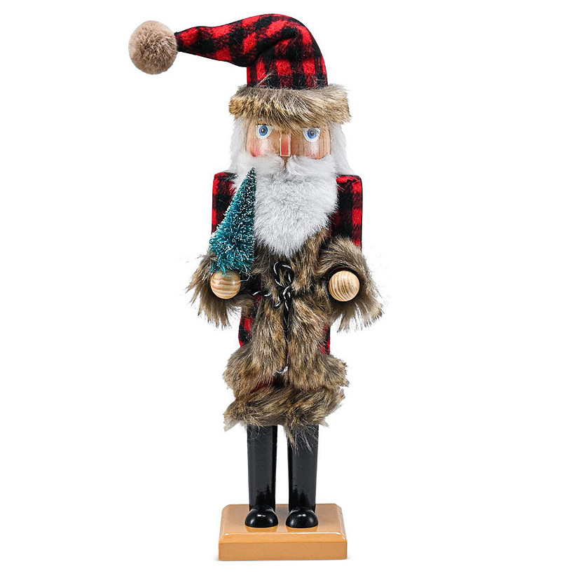 Christmas Nostalgic Santa Nutcracker Red and Black Wooden Nutcracker  with Buffalo Plaid Coat with  Fur Holding a Tree Image