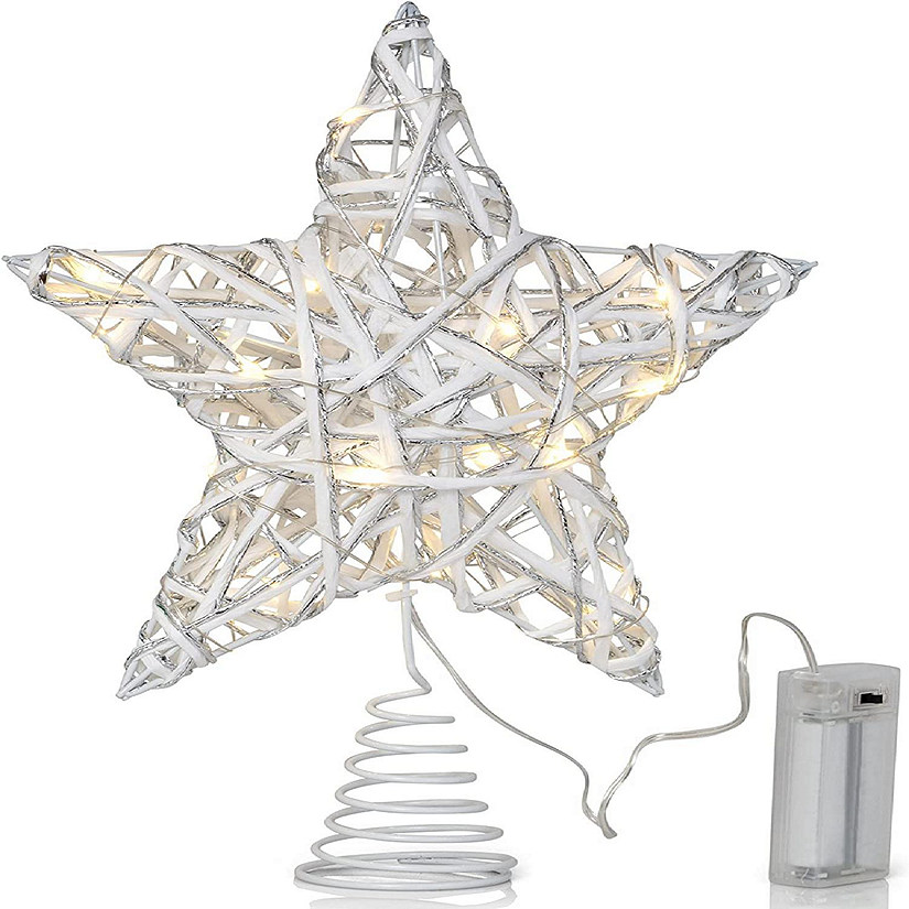 Christmas Rattan Tree Topper - White and Silver Xmas Rustic Star LED Light Up Tree Topper Ornament Decoration Image