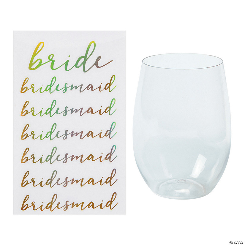 Clear Stemless Wine Glasses with Bridal Party Stickers - 26 Pc. Image