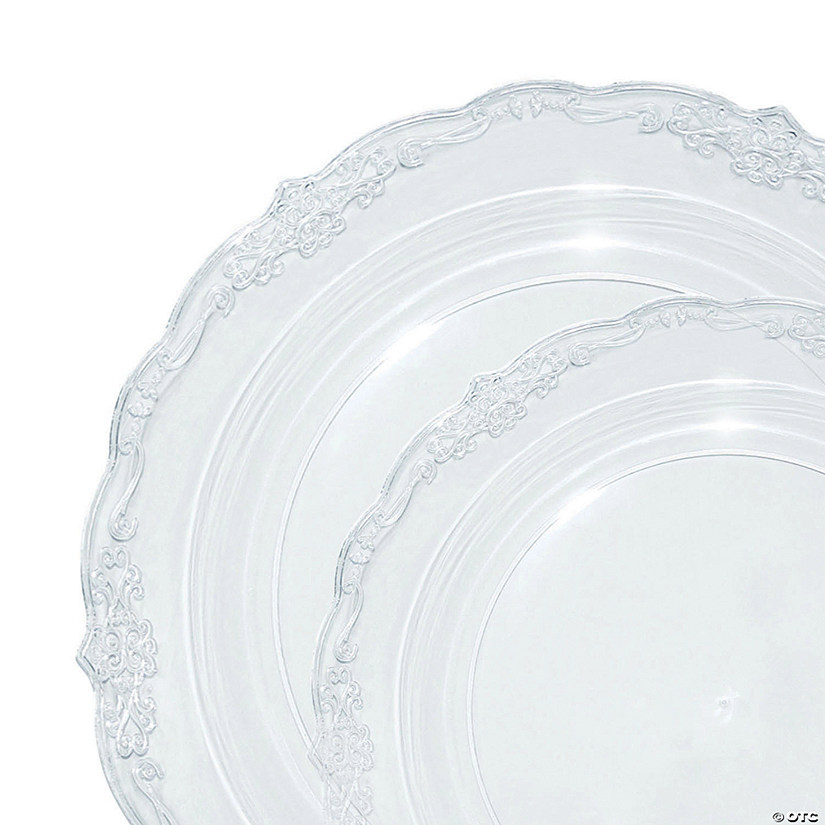 Clear Vintage Round Disposable Plastic Dinnerware Value Set (120 Dinner Plates + 120 Salad Plates) Image