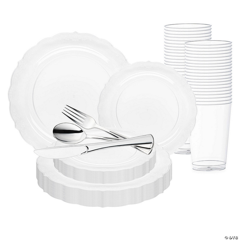 Clear Vintage Round Disposable Plastic Wedding Value Set - 120 Settings Image