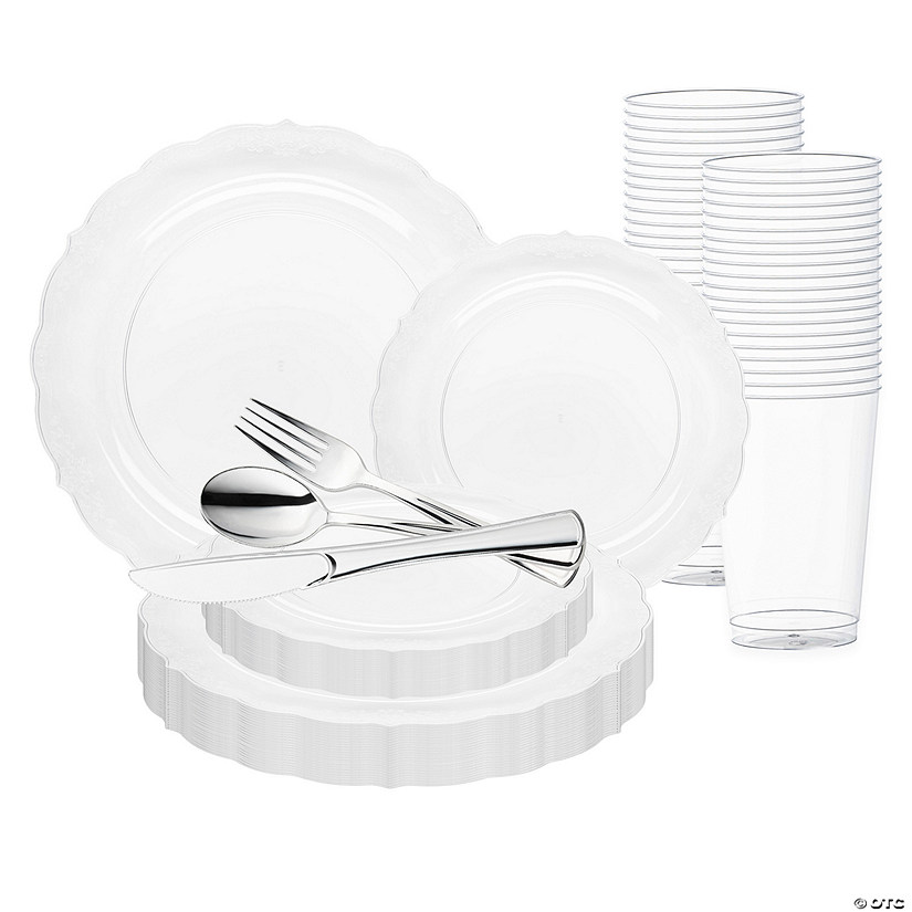 Clear Vintage Round Disposable Plastic Wedding Value Set - 20 Settings Image