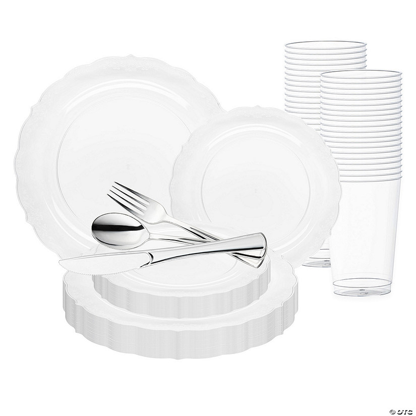 Clear Vintage Round Disposable Plastic Wedding Value Set - 60 Settings Image