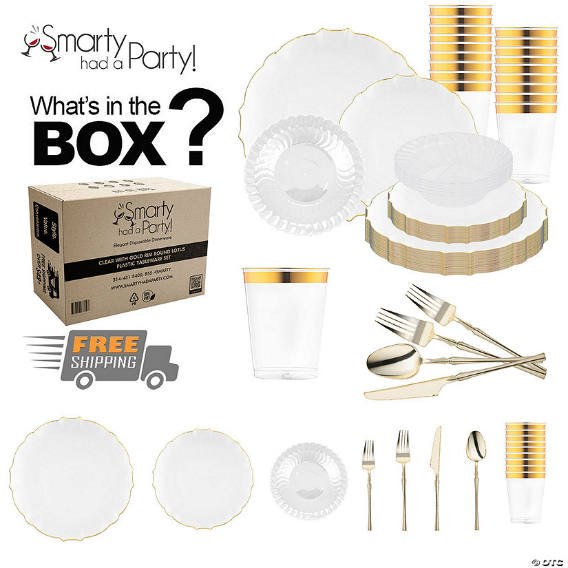Clear with Gold Rim Round Lotus Plastic Tableware Set - (60 Settings) Image