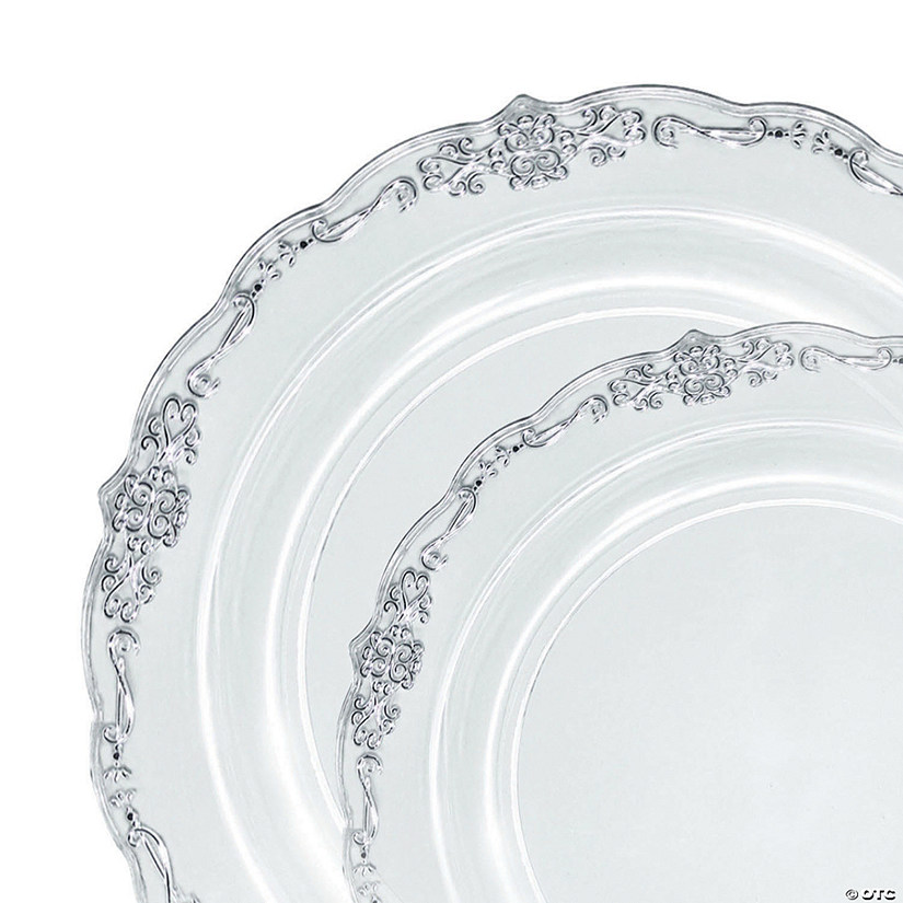 Clear with Silver Vintage Rim Round Disposable Plastic Dinnerware Value Set (120 Dinner Plates + 120 Salad Plates) Image