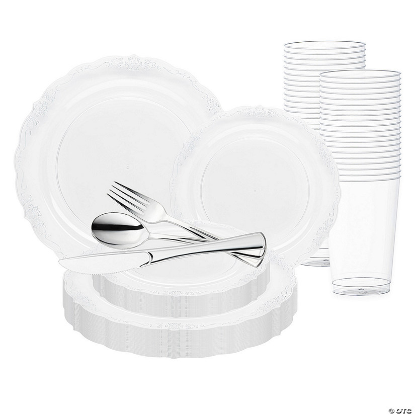 Clear with Silver Vintage Rim Round Disposable Plastic Wedding Value Set - 60 Settings Image