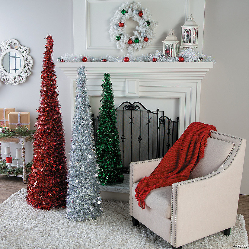 Collapsible Red, White & Green Tinsel Tree Set - 3 Pc. Image