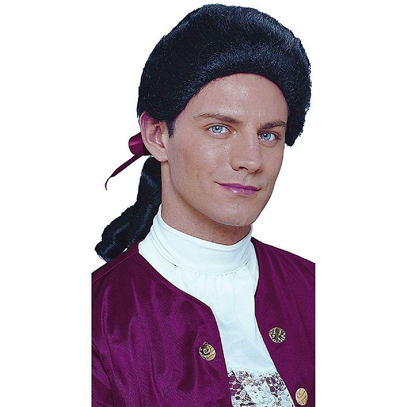 Colonial Duke Men's Costume Wig with Bow - Black Image