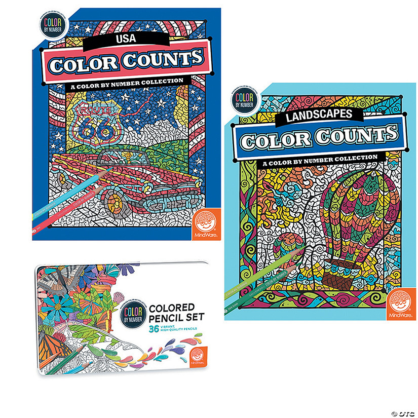 Color By Number Color Counts USA and Landscapes Set of 2 With Pencils