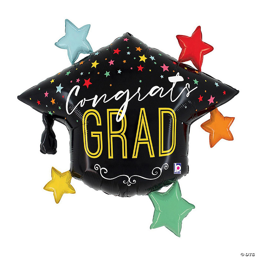 Color Stars Congrats Grad Black Mortarboard Hat 40" Mylar Balloon Image