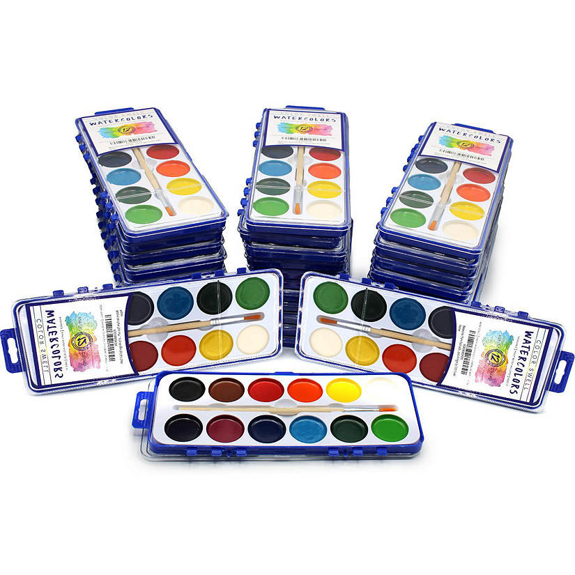 Color Swell 18 Set Bulk Watercolor Paint Pack with Wood Brushes 12 Washable Colors Image