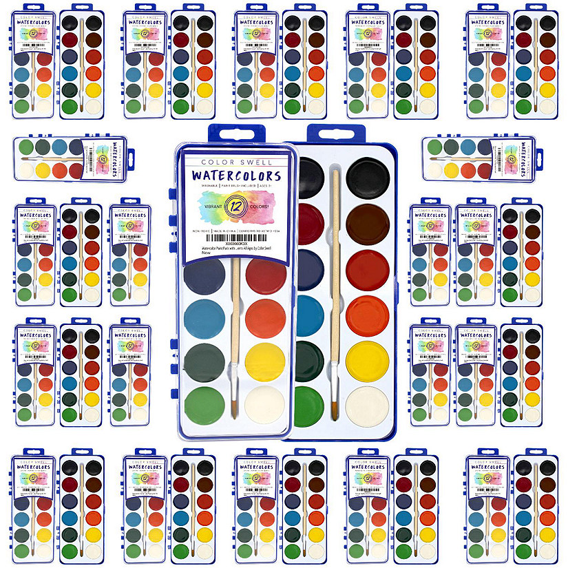 36 Set Bulk Watercolor Paint Pack with Wood Brushes 12 Washable Colors by Color Swell