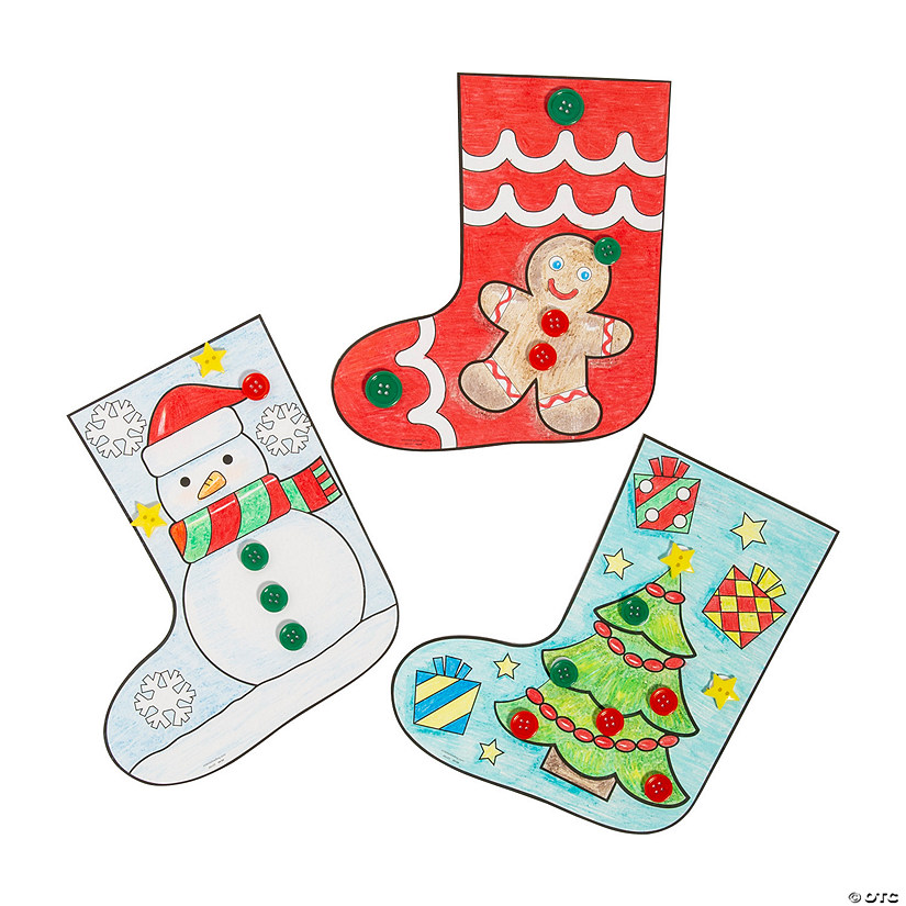 12 PC 7x8 Color Your Own Christmas Stocking with Buttons Craft Kit