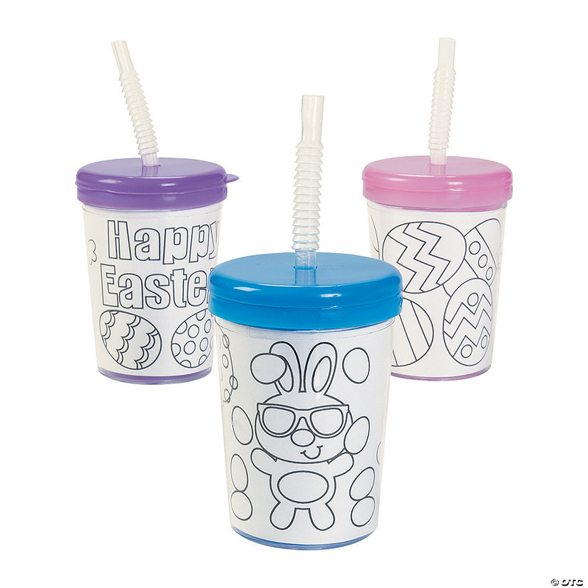 Color Your Own Easter BPA-Free Plastic Cups with Lids & Straws - 12 Ct. Image