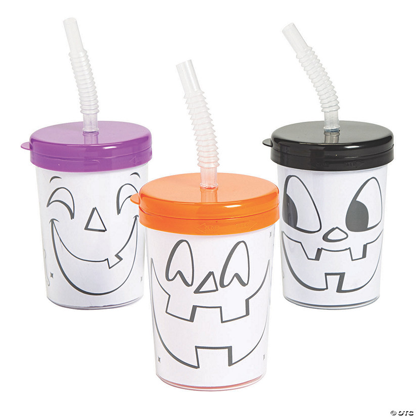 Color Your Own Halloween Jack-O&#8217;-Lantern BPA-Free Plastic Cups with Lids & Straws - 12 Ct. Image