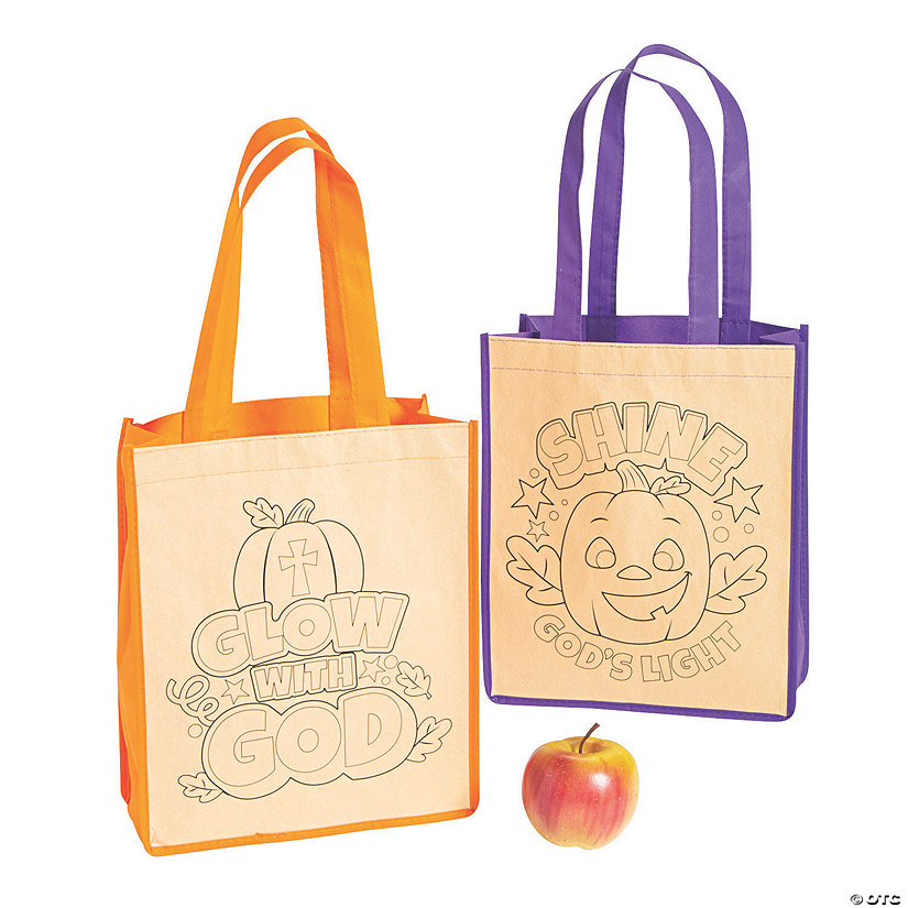 Color Your Own Medium Christian Pumpkin Halloween Nonwoven Tote Bags - 12 Pc. Image