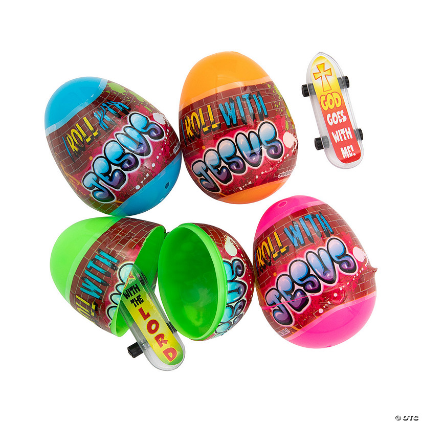 Colorful Roll with Jesus Skateboard-Filled Plastic Easter Eggs - 24 Pc. Image