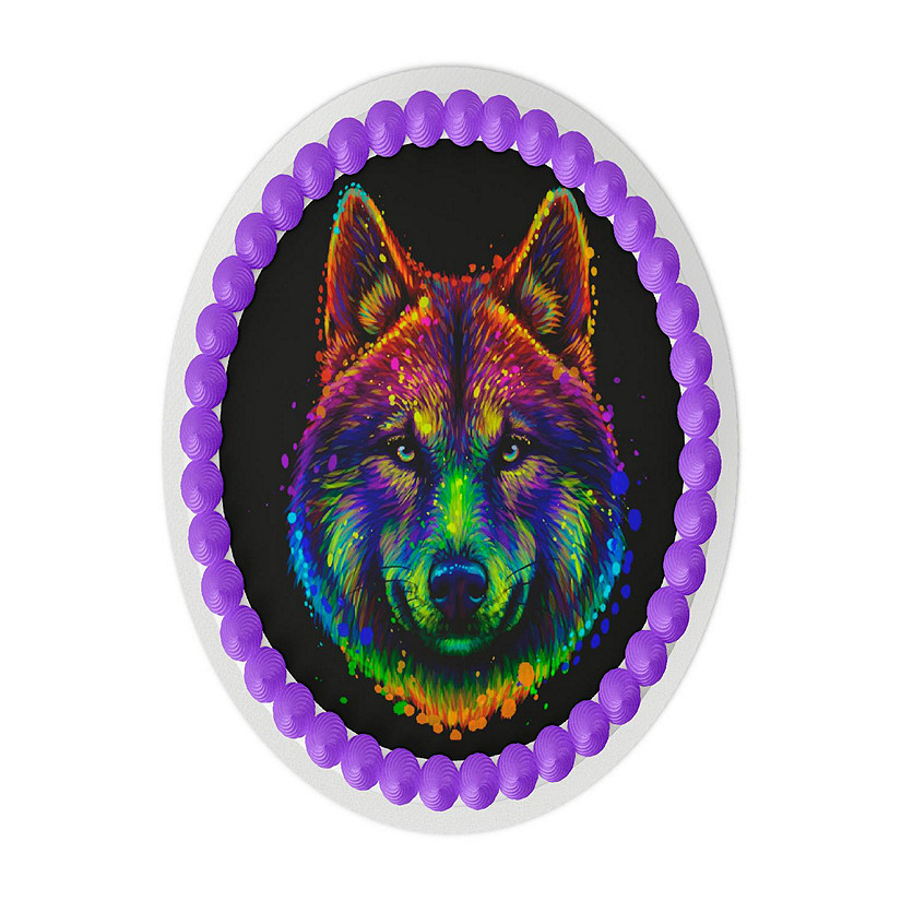 Colorful Wolf 8" Round Edible Cake Topper Image