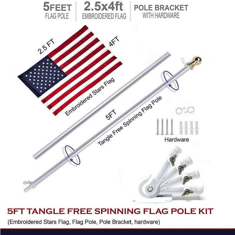 COMBO 5FT TANGLE FREE SPINNING FLAG POLE AND FLAG KIT 5ft flag pole, 2.5x4ft American Embroidered flag, Pole Bracket Hardware Image