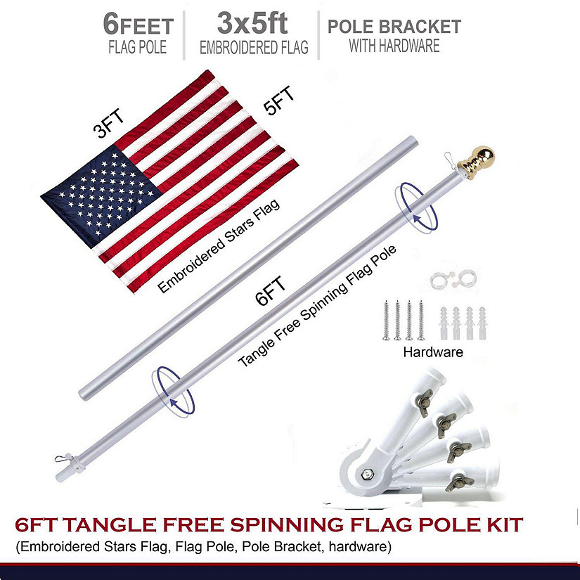 COMBO 6FT TANGLE FREE SPINNING FLAG POLE AND FLAG KIT 6ft flag pole, 3x5ft American Embroidered flag, Pole Bracket Hardware Image