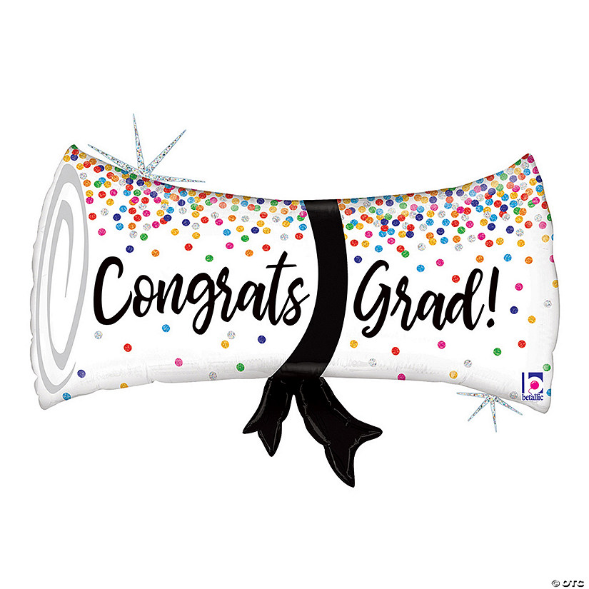 Congrats Grad Rainbow Confetti Diploma-Shaped 31" Mylar Balloon Image