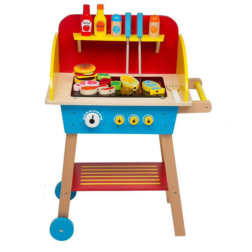 Cook 'N Grill Wood Toy BBQ Set - Includes Pretend Play Wooden Barbeque Food & Grilling Tools for Kids, Boys & Girls, More Than 30 Pieces, Fun Indoor Activity Se Image
