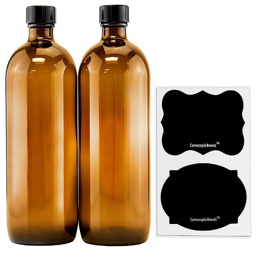 Cornucopia 16oz Amber Glass Bottles with Reusable Chalk Labels and Lids (2 Pack), Refillable Brown Boston Round Bottles, with Black 28-400 Caps Image